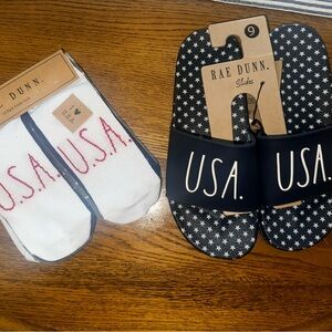 NWT Rae Dunn USA Navy Slides Womens 9 and 10 Pairs of Patriotic Socks Set